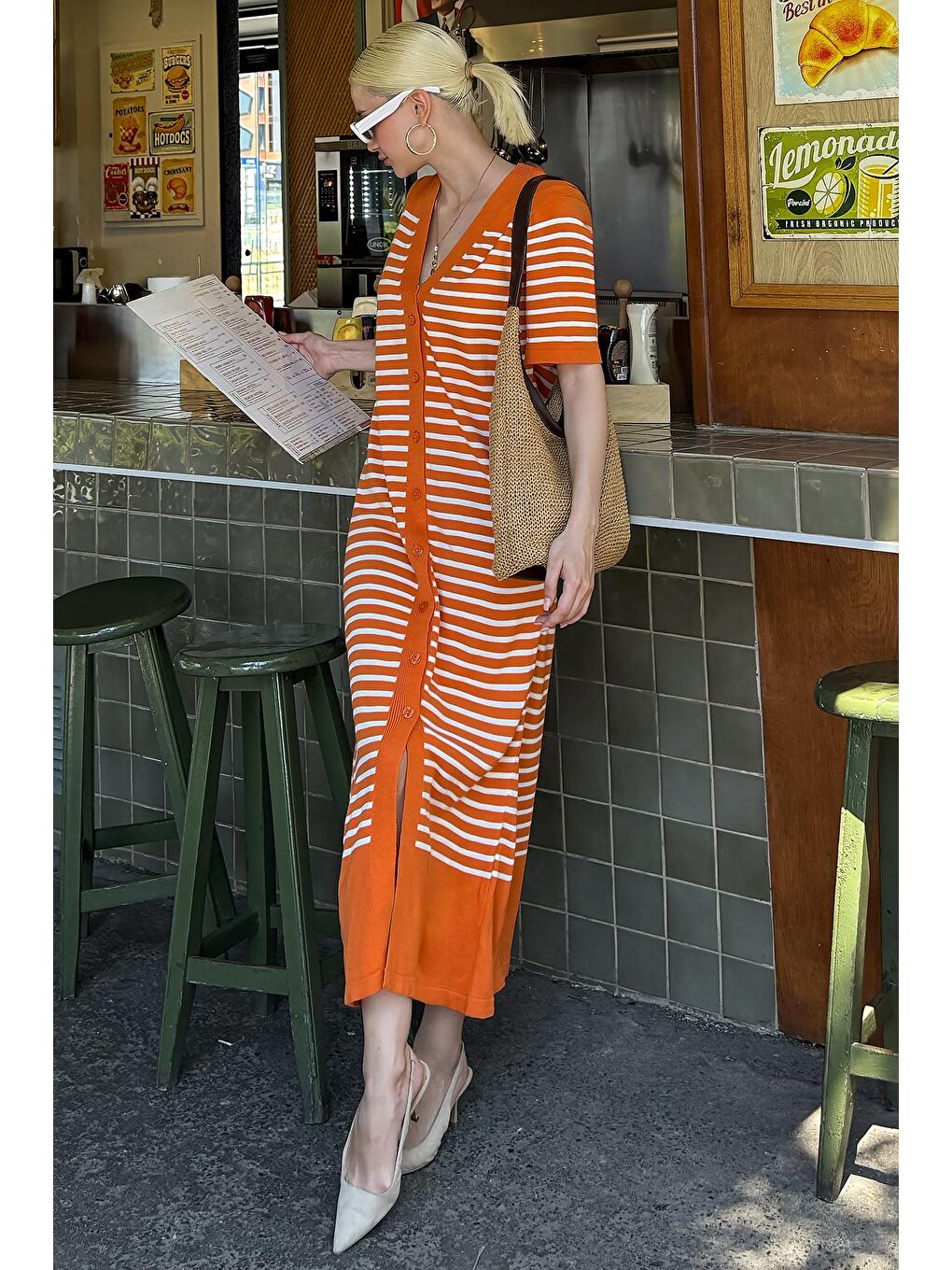 Turuncu Düğmeli Triko Kadın Elbise Mg1648-4