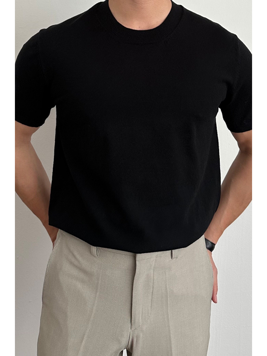 Erkek Siyah Slim Fit Bisiklet Yaka Triko T-Shirt-1