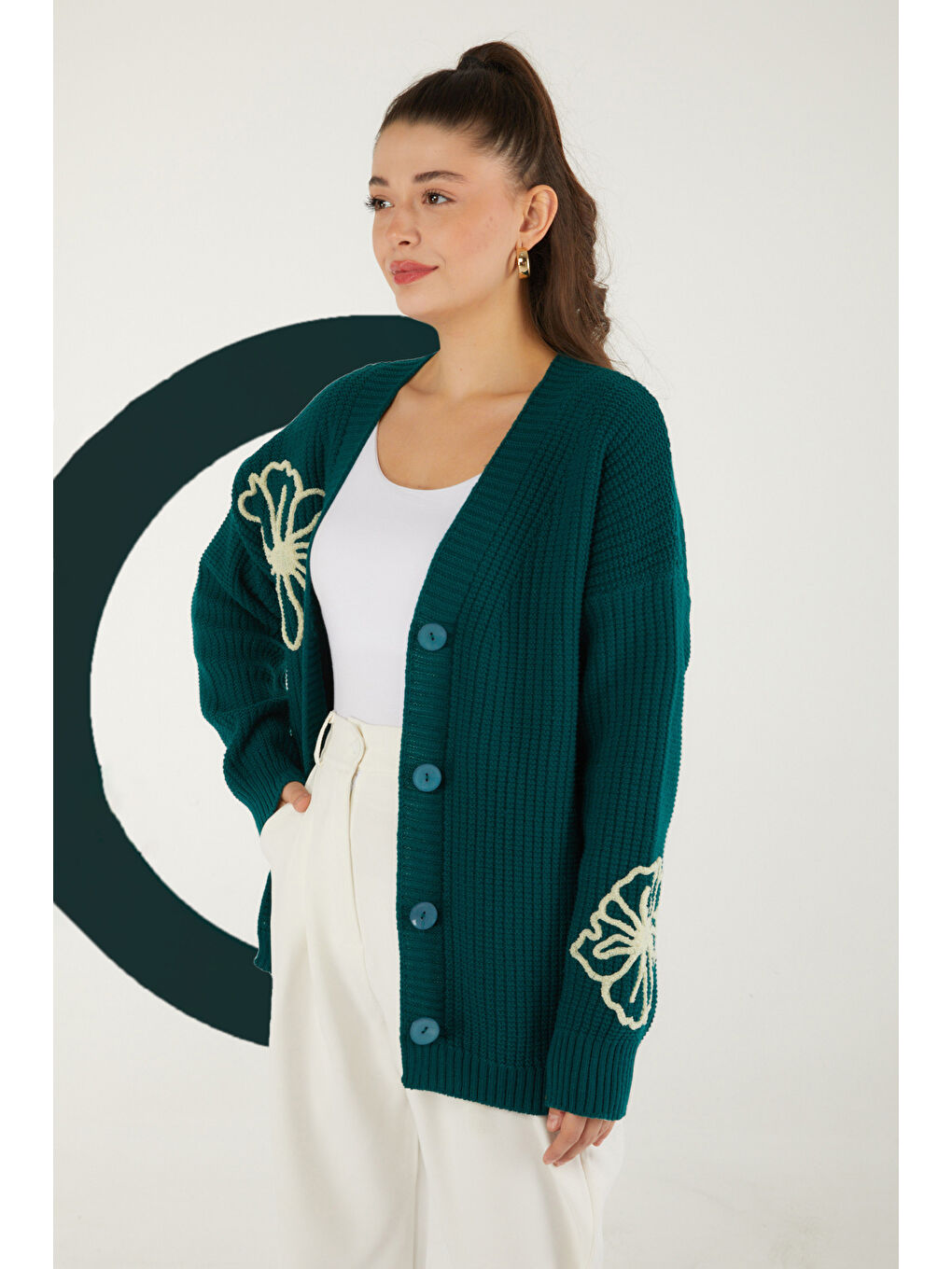 Yeşil Nakışlı Düğmeli Triko Hırka Zumrut - 27629