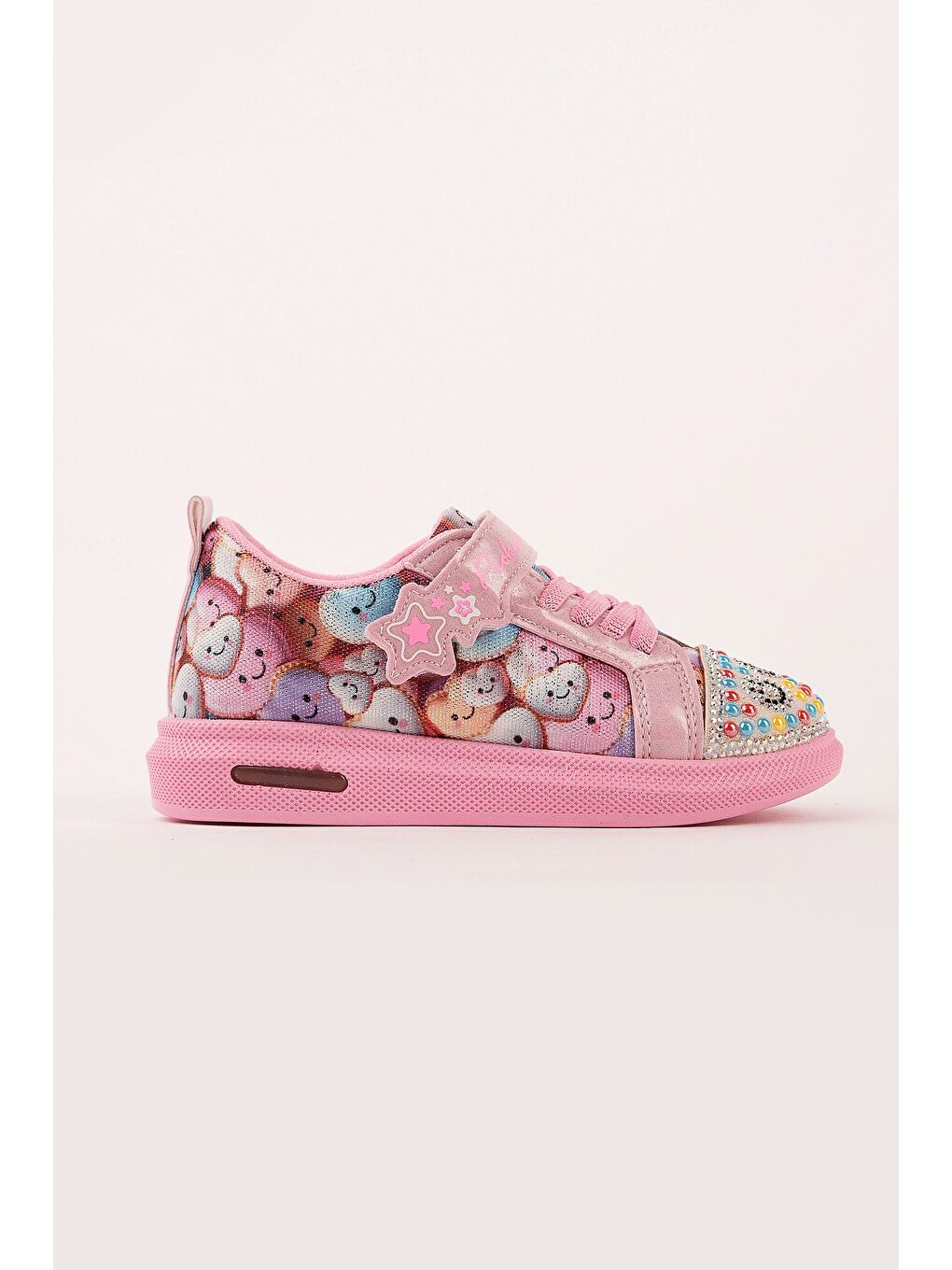 Pembe SMİLE Taş Detaylı Desenli Cırtlı Kız Çocuk Işıklı Günlük Sneaker Spor Ayakkabı-1