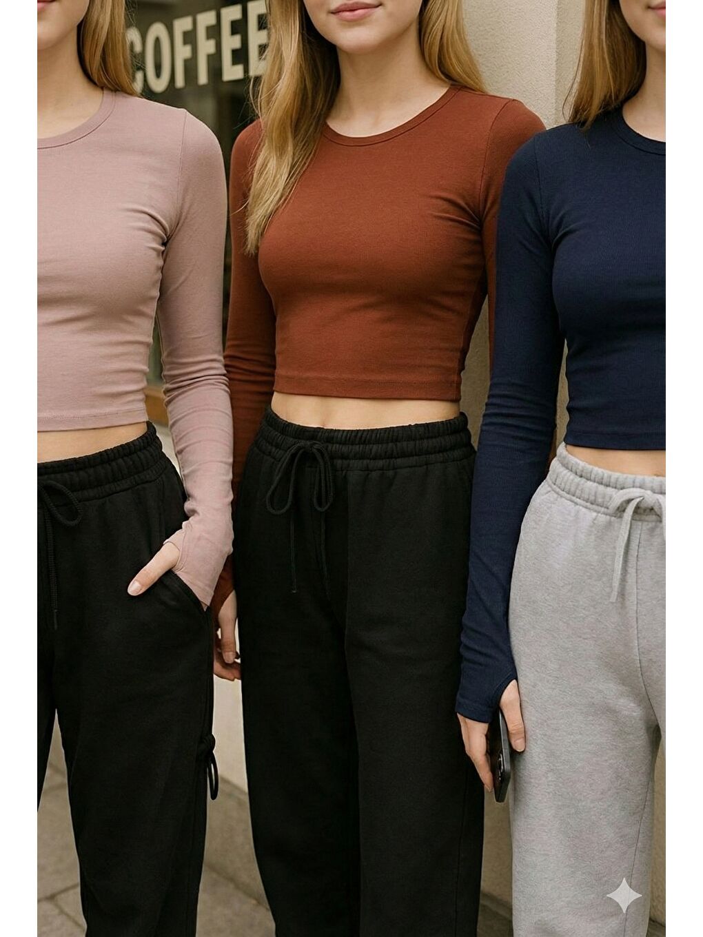 Karışık 3'lü set Parmak Geçmeli Crop Top Bluz Viskon Badi