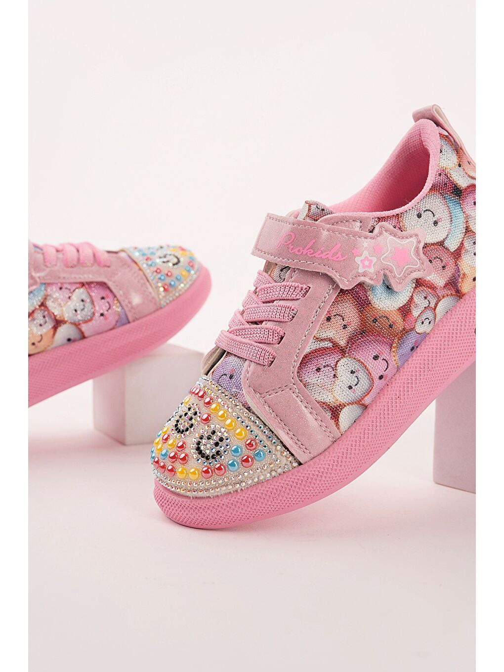 Pembe SMİLE Taş Detaylı Desenli Cırtlı Kız Çocuk Işıklı Günlük Sneaker Spor Ayakkabı-2