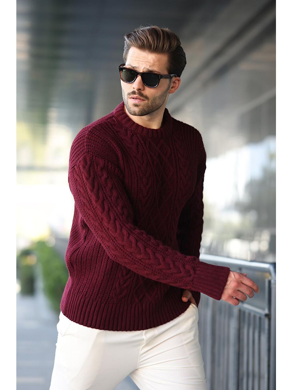 Bordo Örgü Desenli Triko Erkek Kazak E7425-3