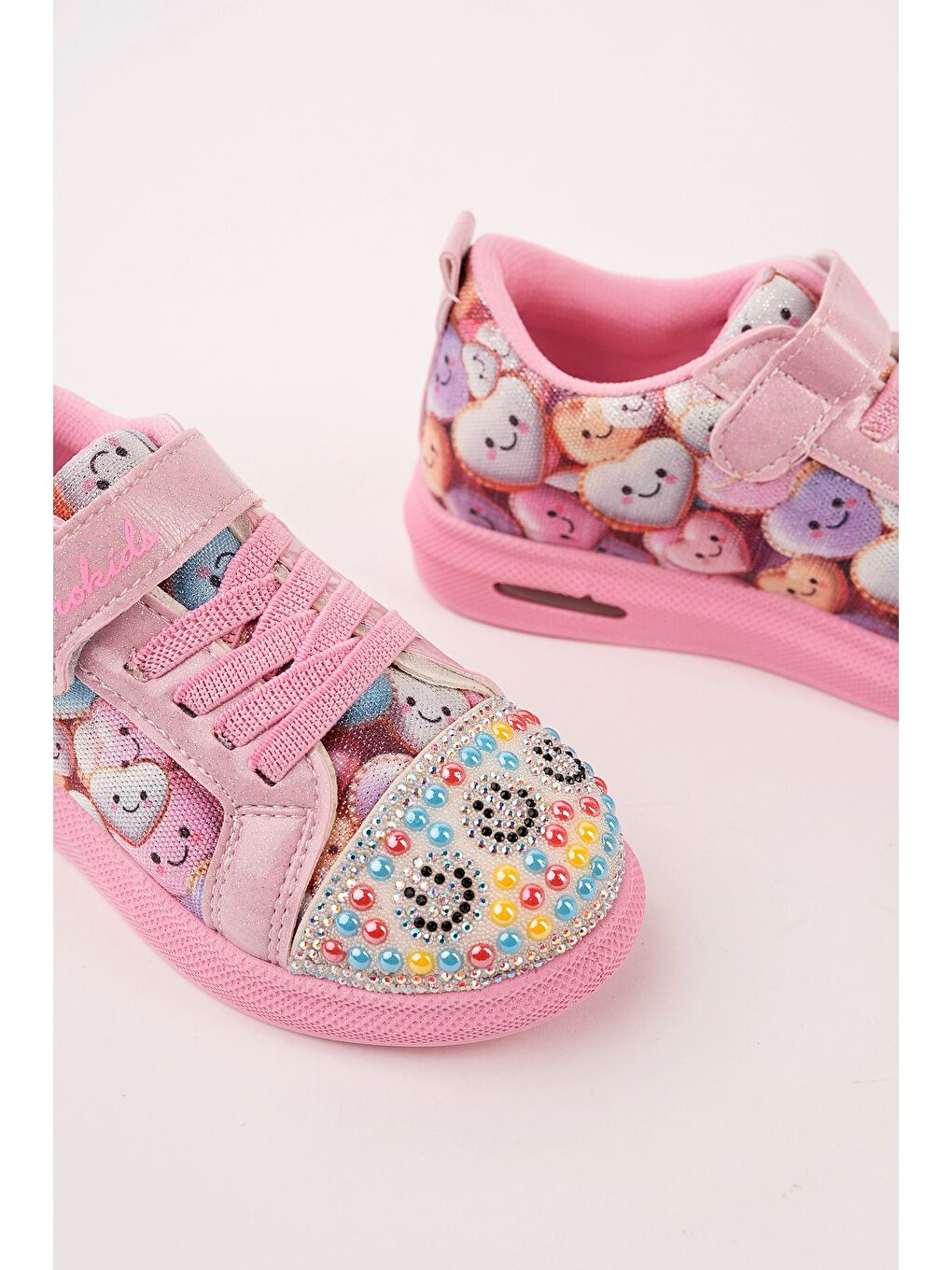 Pembe SMİLE Taş Detaylı Desenli Cırtlı Kız Çocuk Işıklı Günlük Sneaker Spor Ayakkabı-4