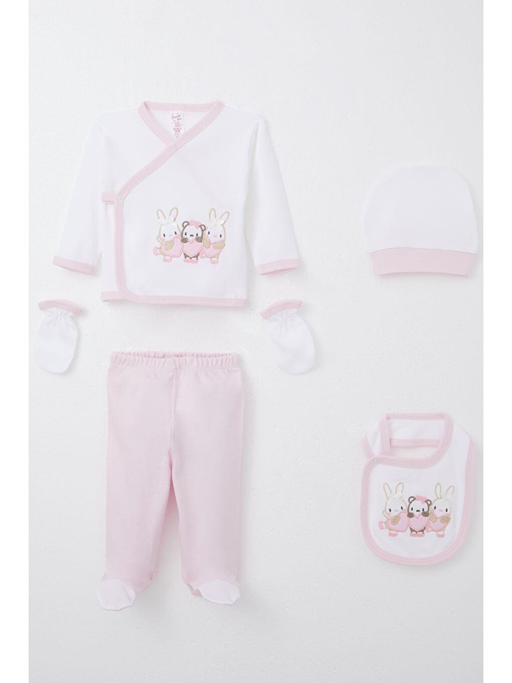 Kız Bebek Hastane Çıkışı 5 Li Sevimli Hayvancık Nakışlı Fiyonklu Ekru (0-3 Ay)