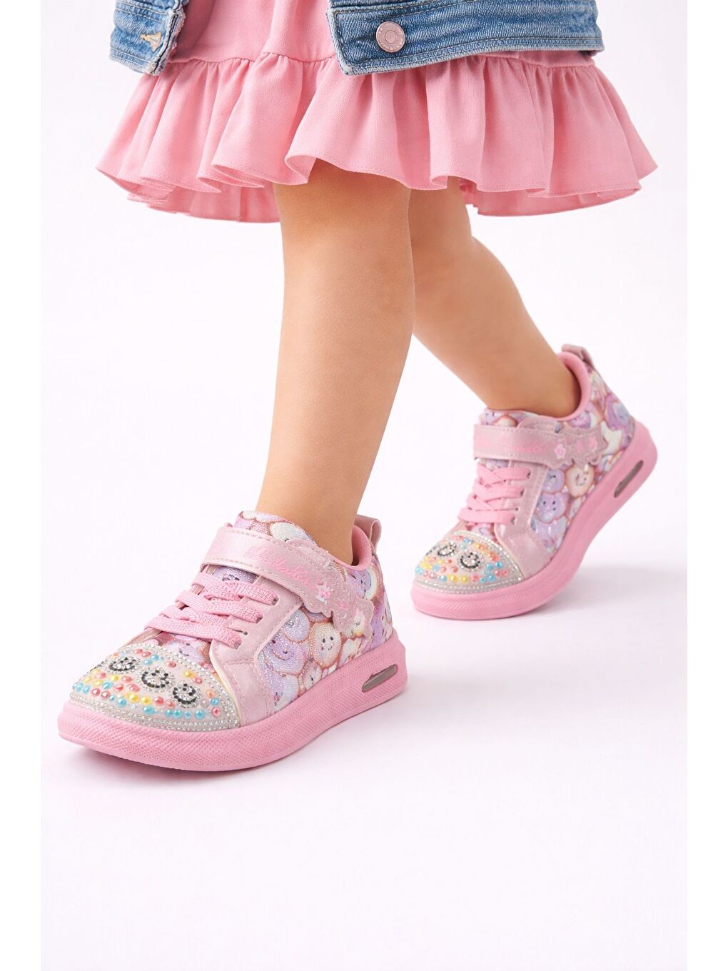 Pembe SMİLE Taş Detaylı Desenli Cırtlı Kız Çocuk Işıklı Günlük Sneaker Spor Ayakkabı-5