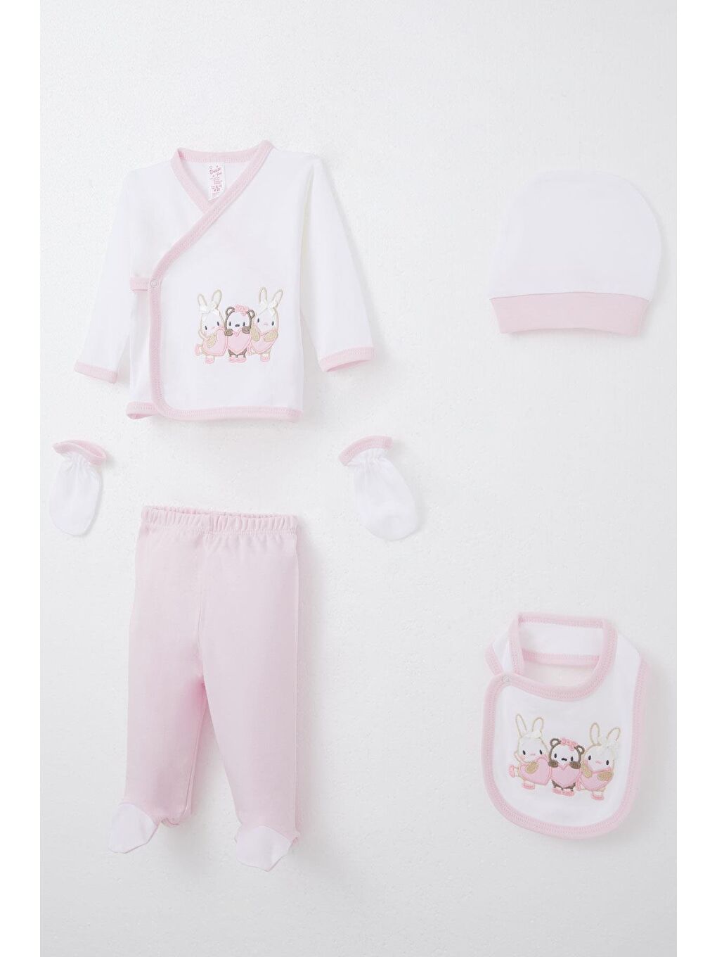 Kız Bebek Hastane Çıkışı 5 Li Sevimli Hayvancık Nakışlı Fiyonklu Ekru (0-3 Ay)-1