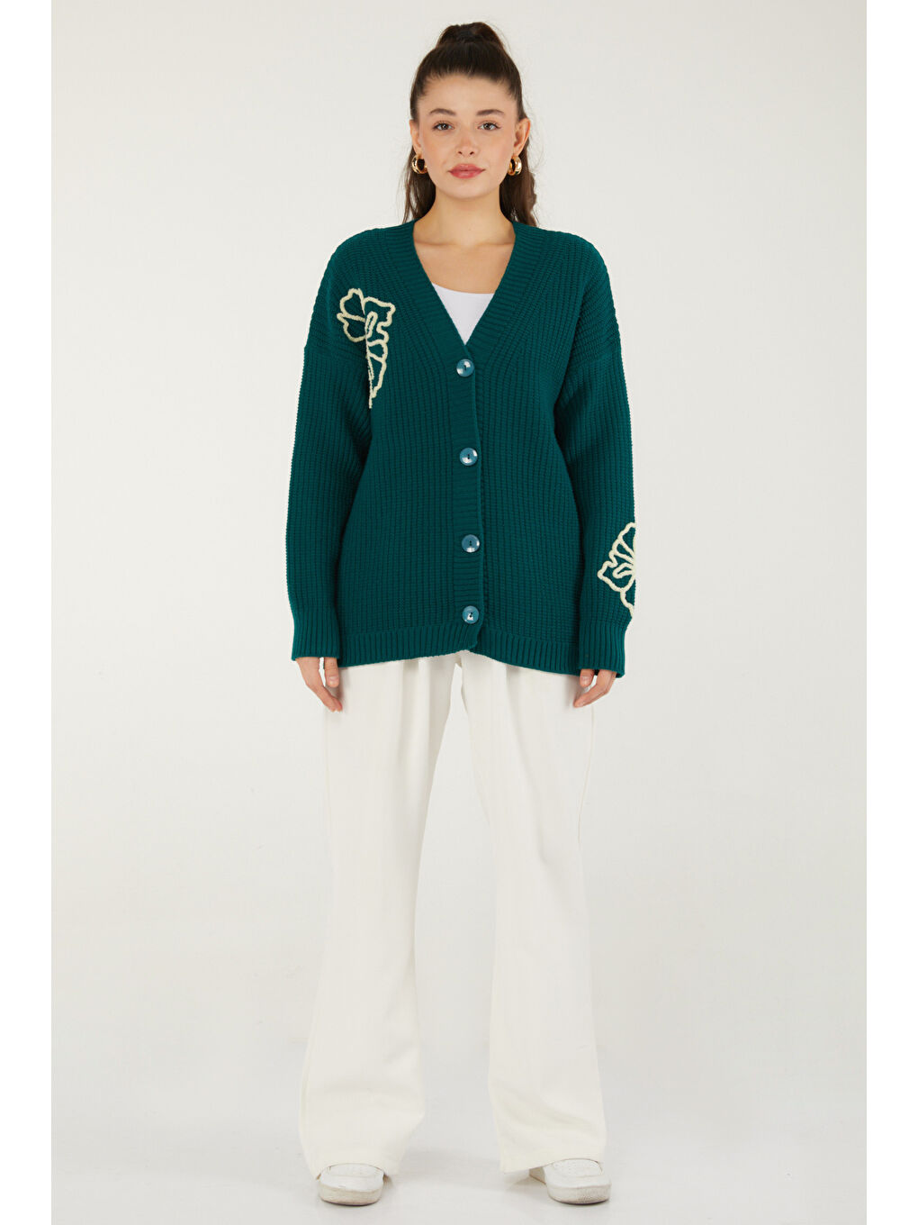 Yeşil Nakışlı Düğmeli Triko Hırka Zumrut - 27629-1