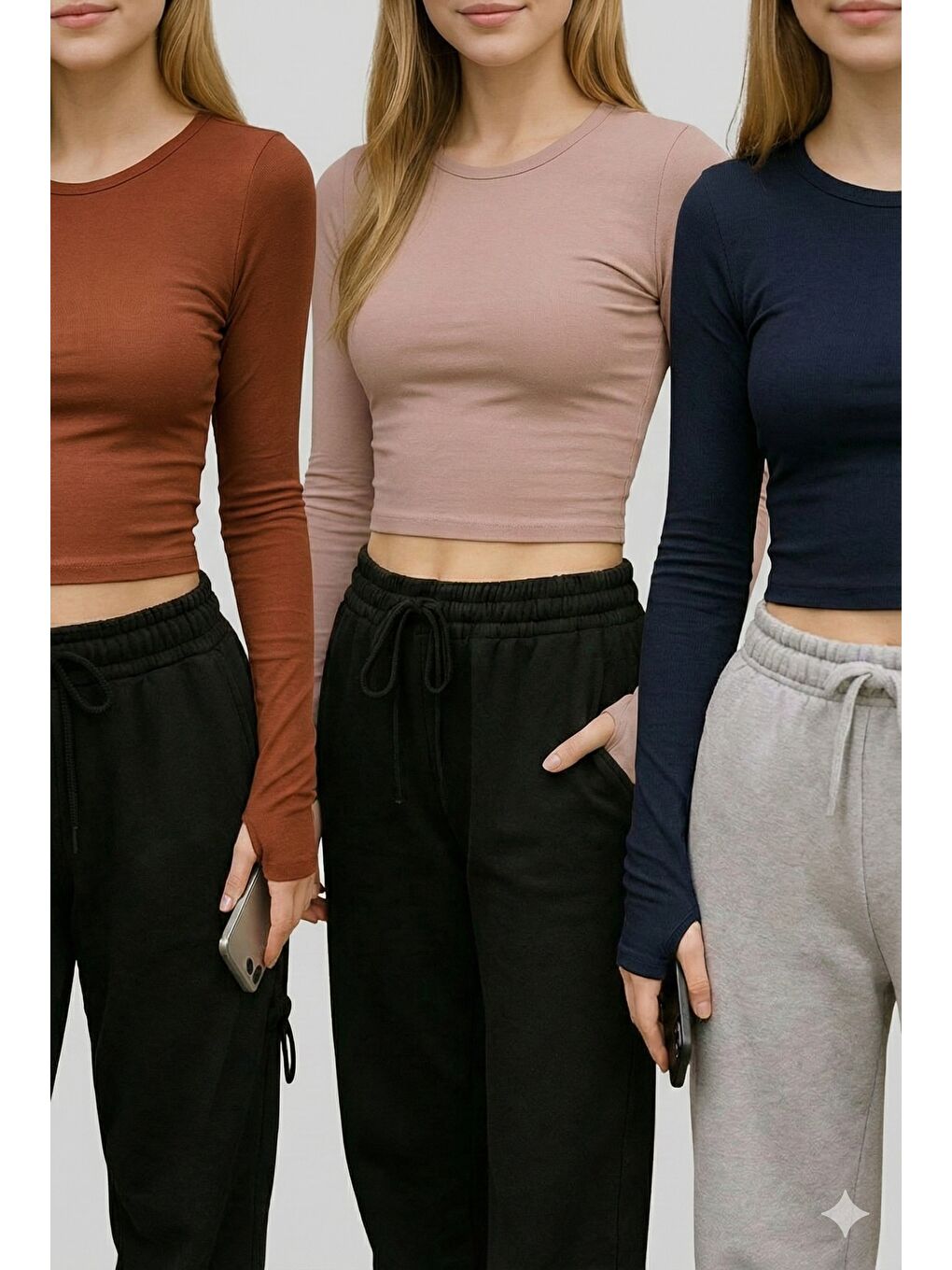 Karışık 3'lü set Parmak Geçmeli Crop Top Bluz Viskon Badi-1