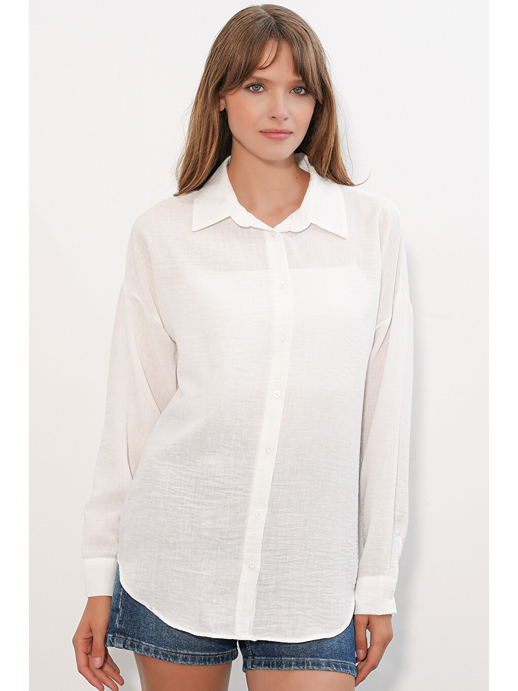 Kadın Oversize Keten Gömlek 20338 - B.Beyaz-2