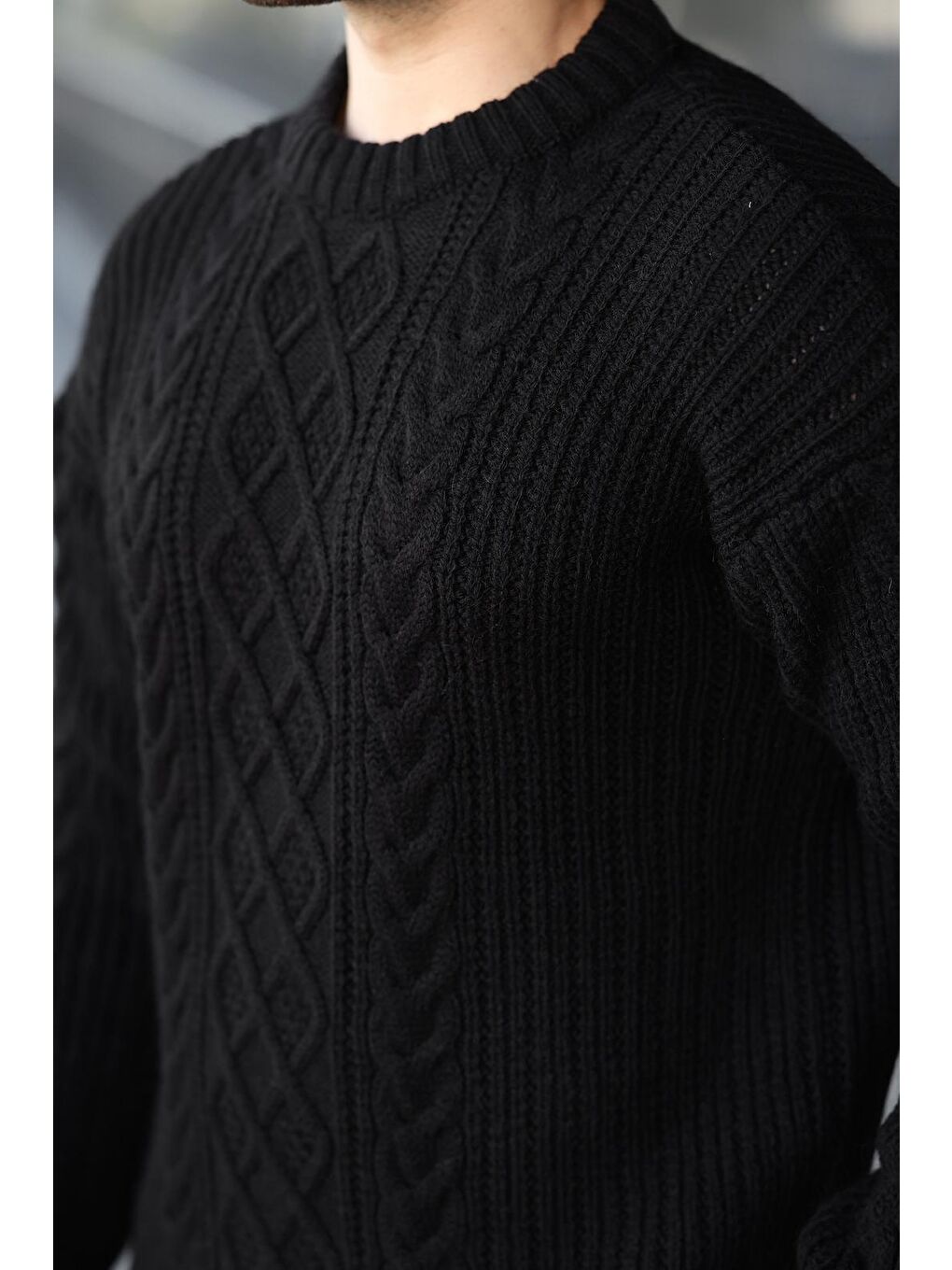 Siyah Örgü Desenli Triko Erkek Kazak E7425-2