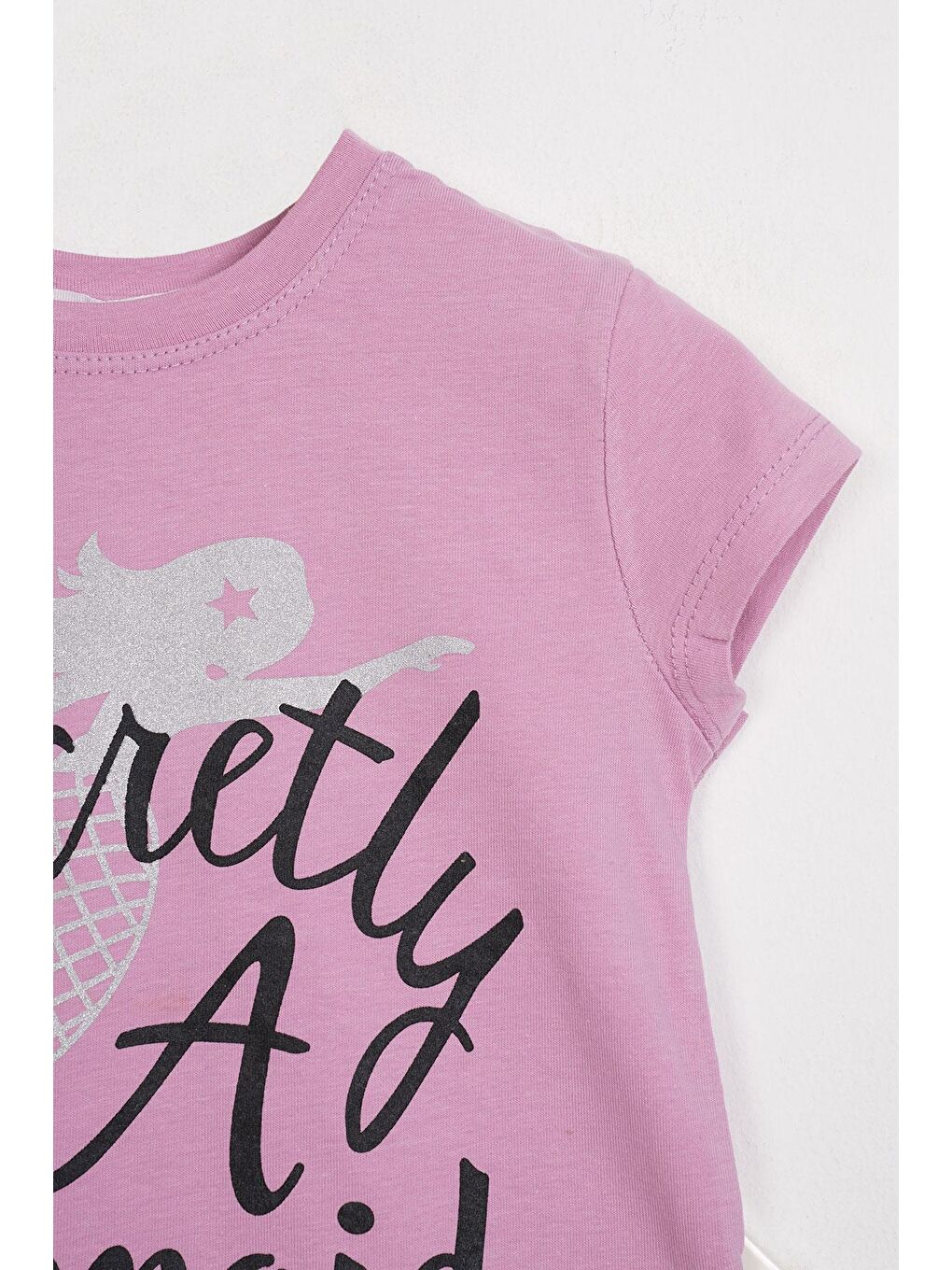 Kısa Kol Yazı Baskılı Lila Renk Kız Çocuk Taytlı Takım-1