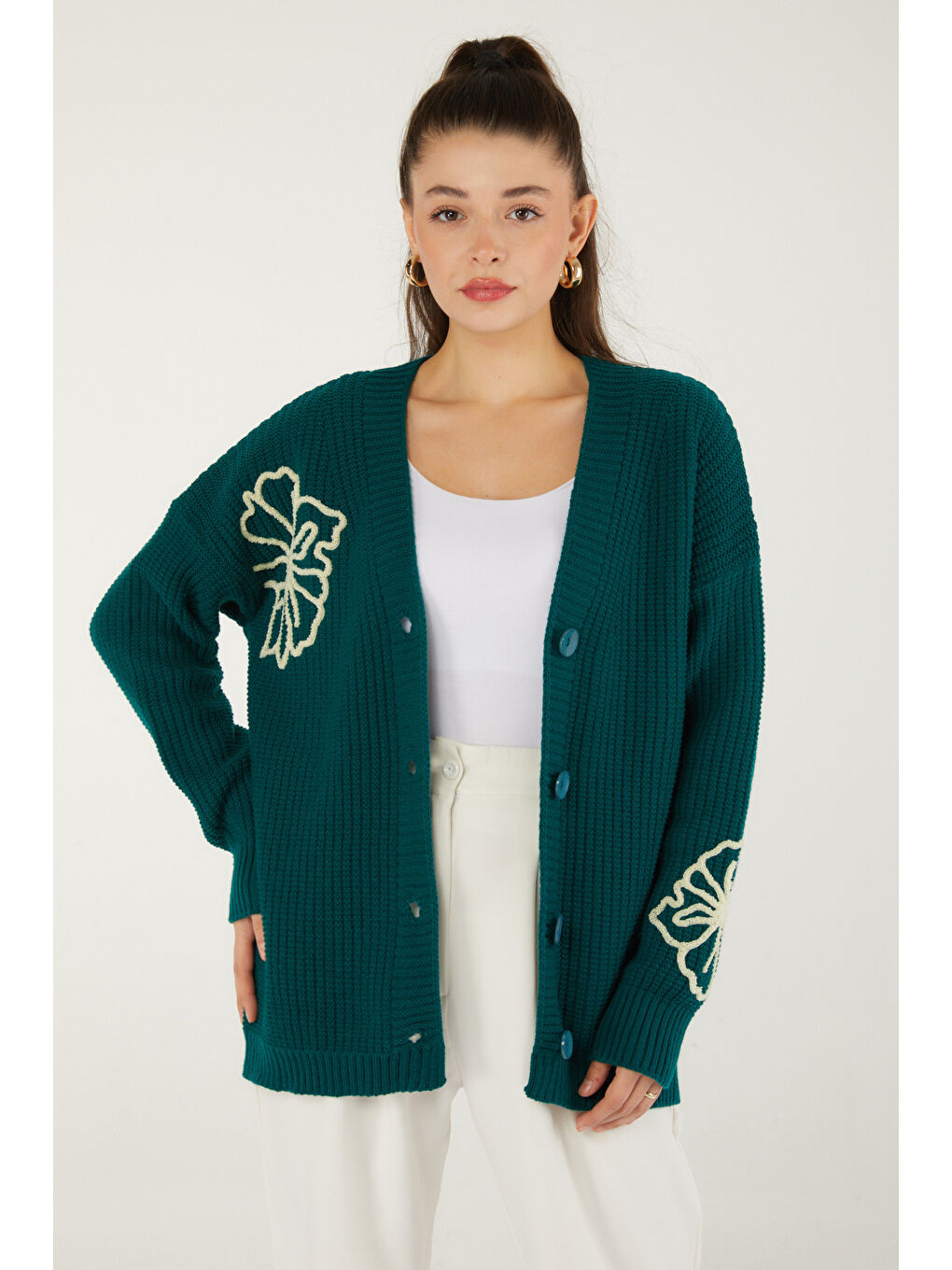 Yeşil Nakışlı Düğmeli Triko Hırka Zumrut - 27629-2