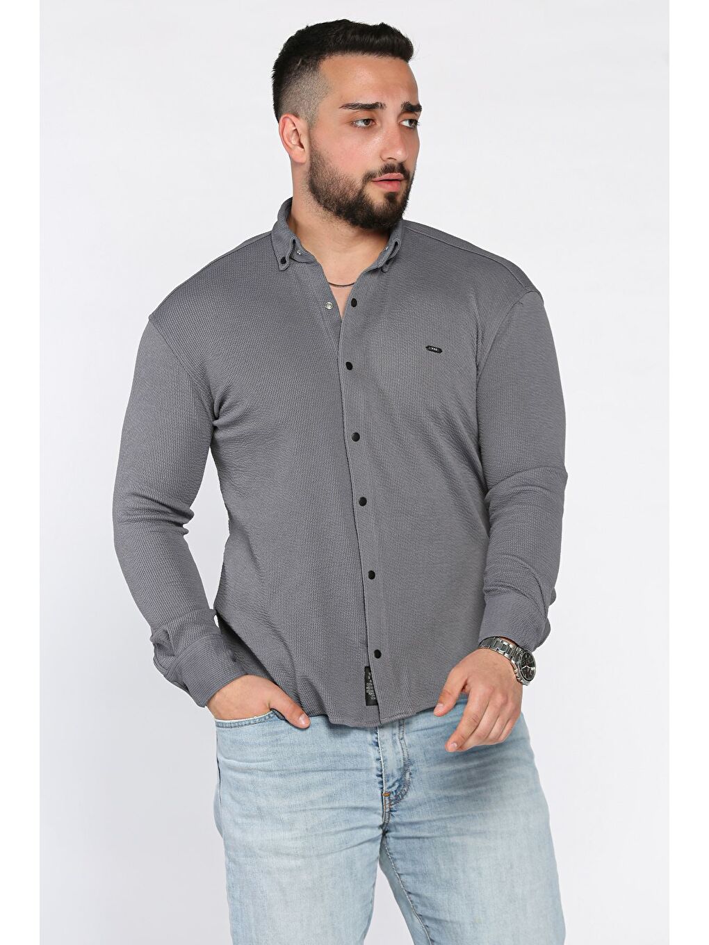 Gri Erkek Uzun Kol Elastanlı Gömlek