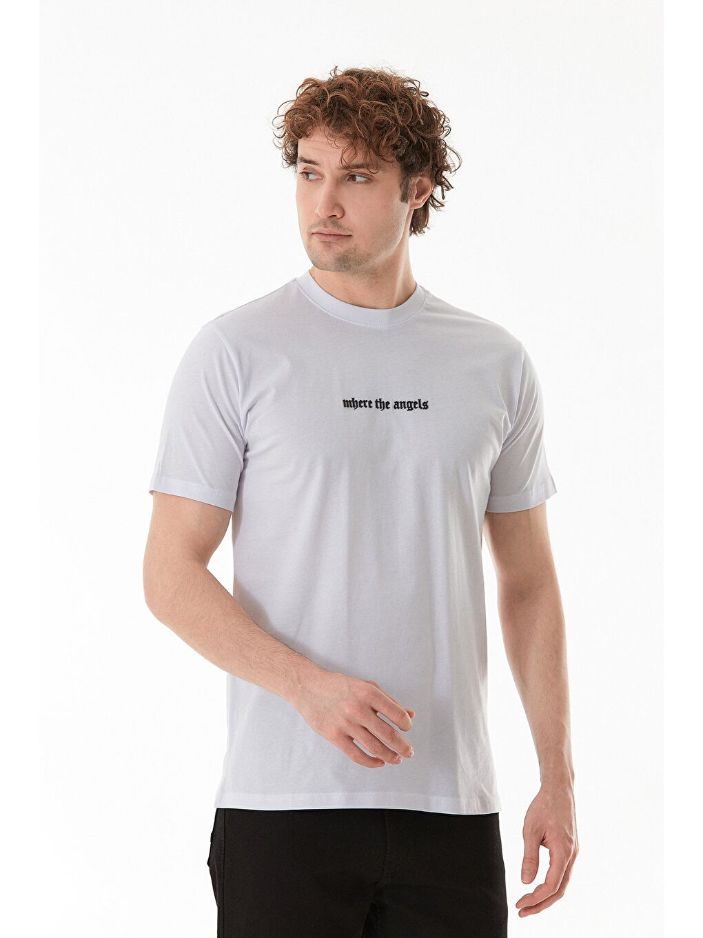 Beyaz Kabartma Baskılı Bisiklet Yaka Tişört-2