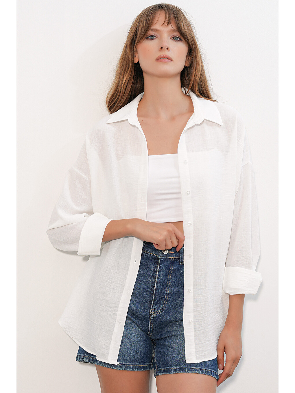 Kadın Oversize Keten Gömlek 20338 - B.Beyaz-3