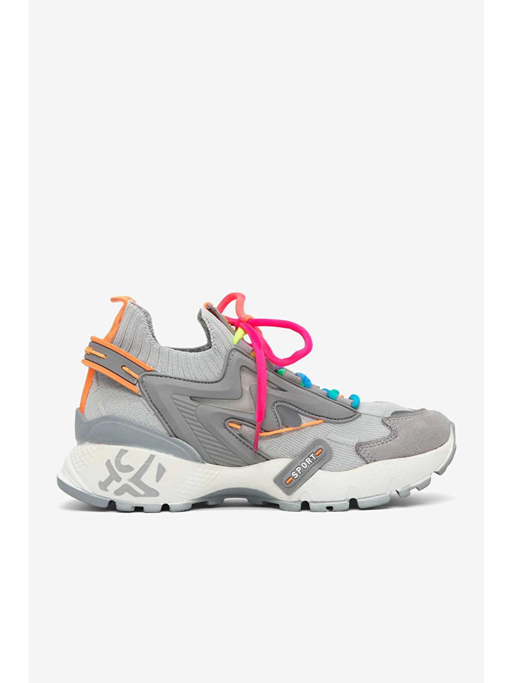Kadın Gri Rahat Kalıp Renkli Lastik Boğazlı Bağcıklı Sneaker-3