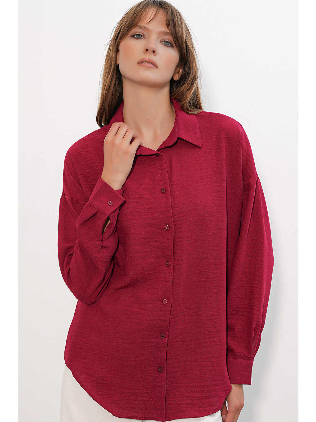 Kadın Oversize Keten Gömlek 20338 - Bordo