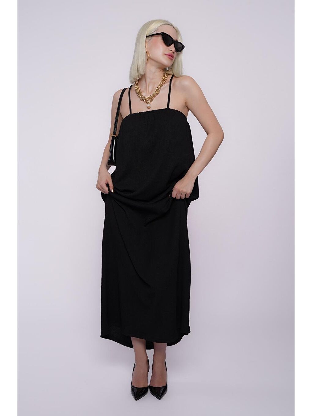 Siyah Askılı Uzun Salaş Bürümcük Elbise Mg1720-7