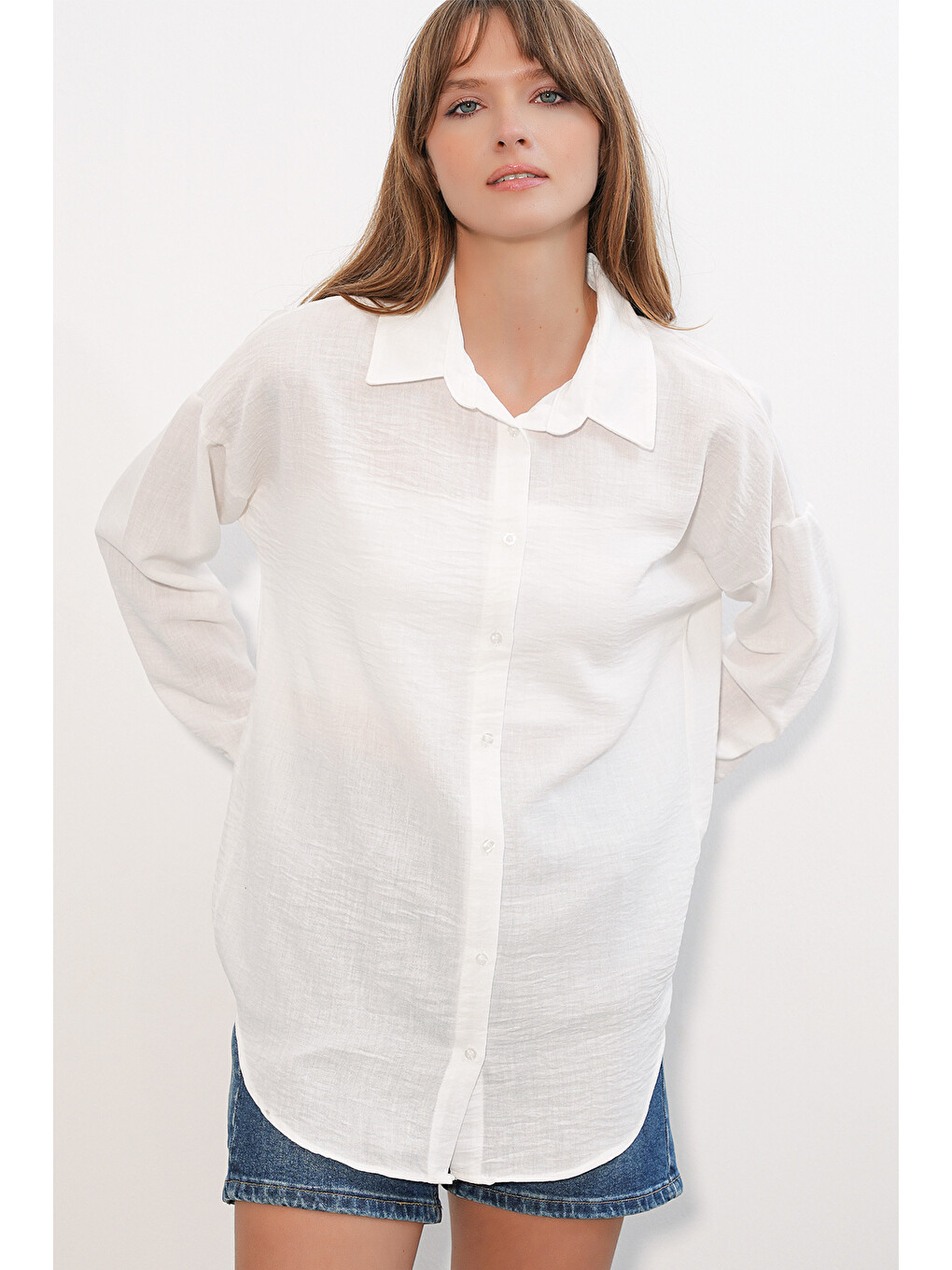 Kadın Oversize Keten Gömlek 20338 - B.Beyaz-4
