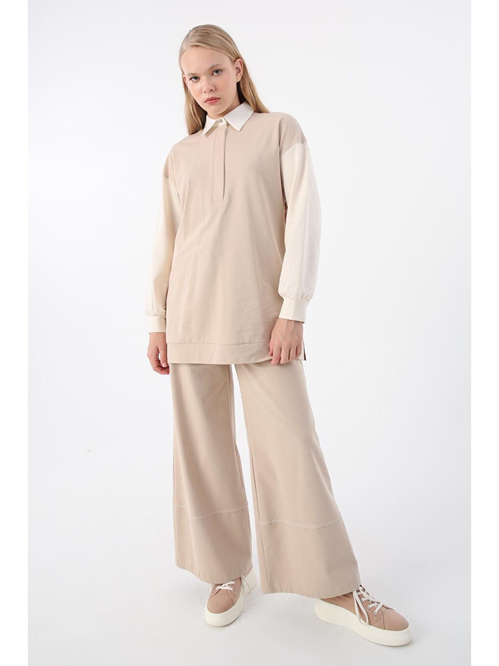 Bej-Kahve Pamuklu Garnili İnce Karyoka Dikişli Tunik