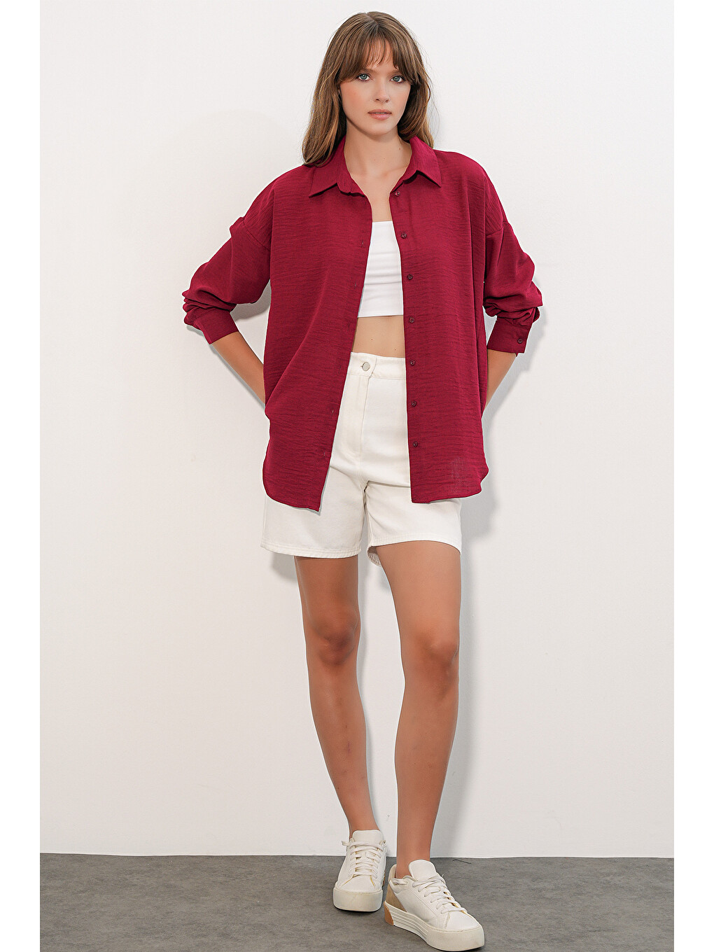 Kadın Oversize Keten Gömlek 20338 - Bordo-1