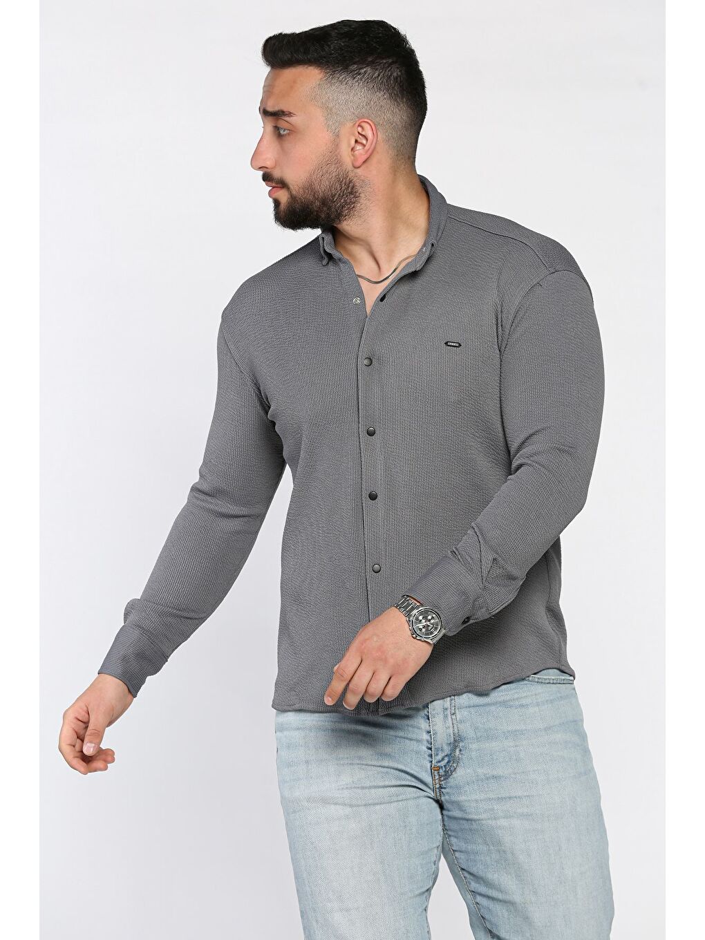 Gri Erkek Uzun Kol Elastanlı Gömlek-1
