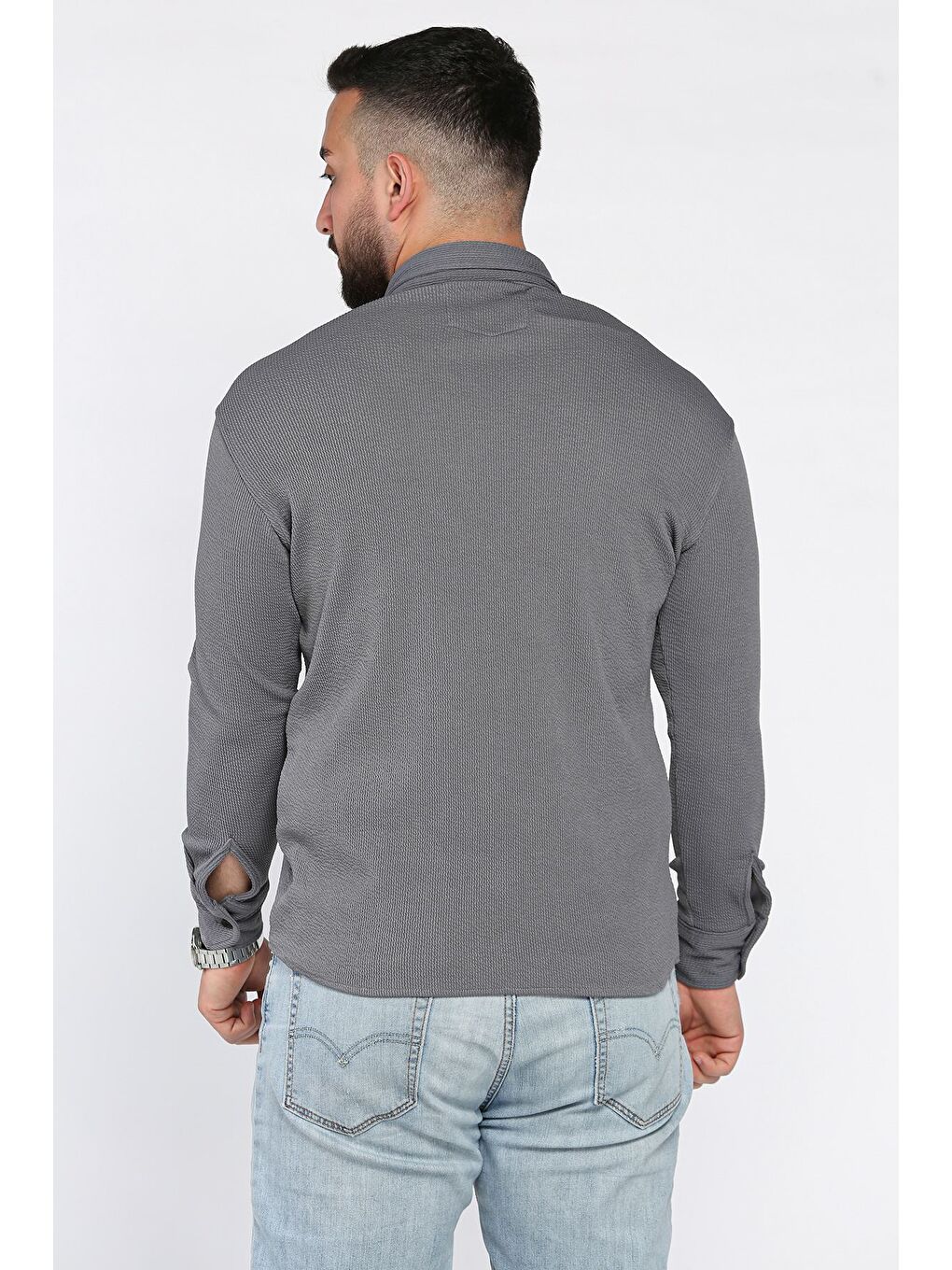 Gri Erkek Uzun Kol Elastanlı Gömlek-2