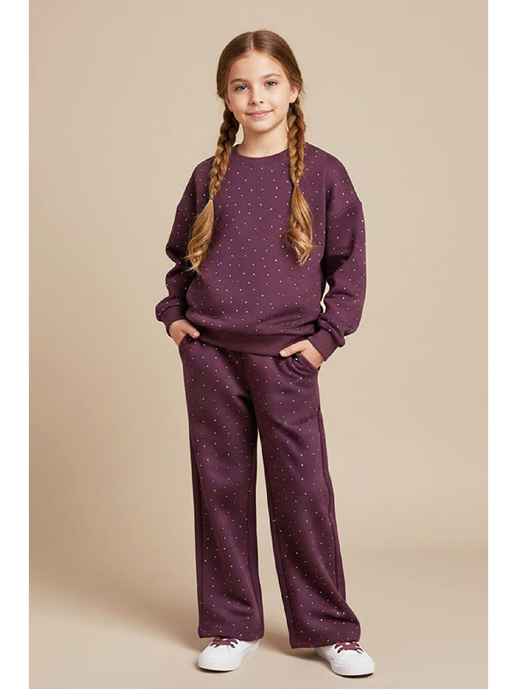 Mürdüm Kız Çocuk Taş Süslemeli-2 İplik- Alt-Üst Takım-3/5 Yaş 12451