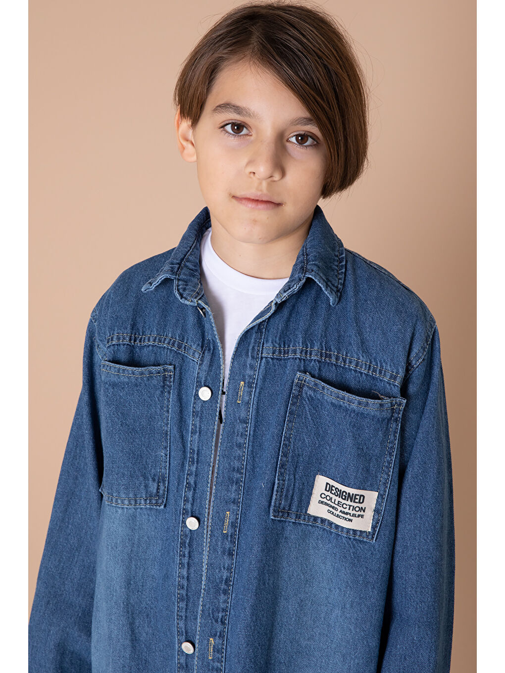 Erkek Çocuk Mavi Armalı Cepli Bisiklet Yaka Tişörtlü Jean Gömlek 20095-1