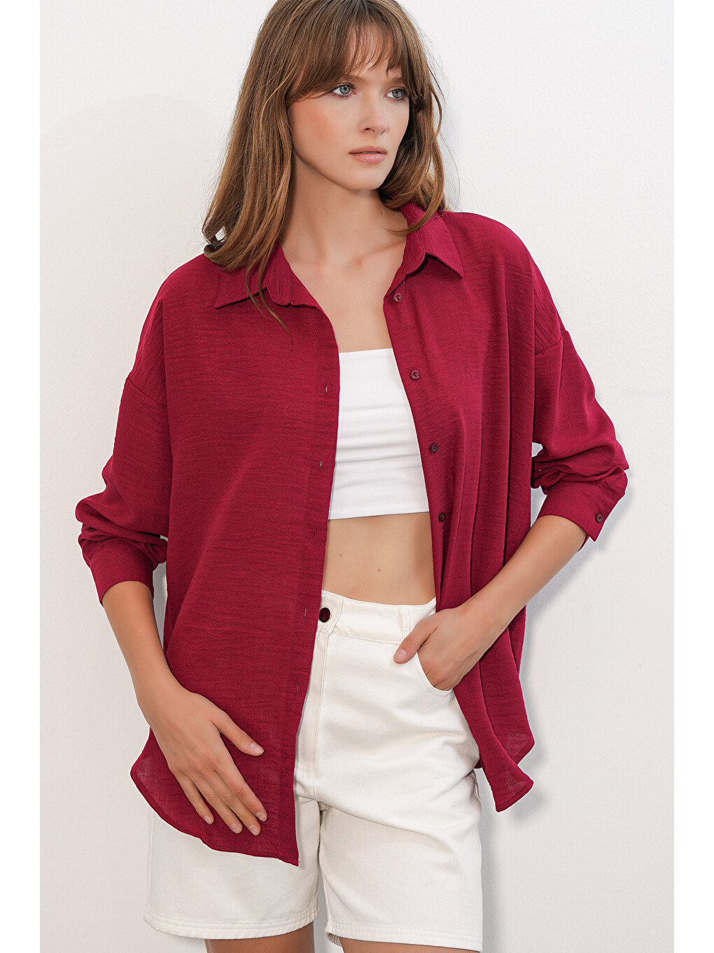 Kadın Oversize Keten Gömlek 20338 - Bordo-2