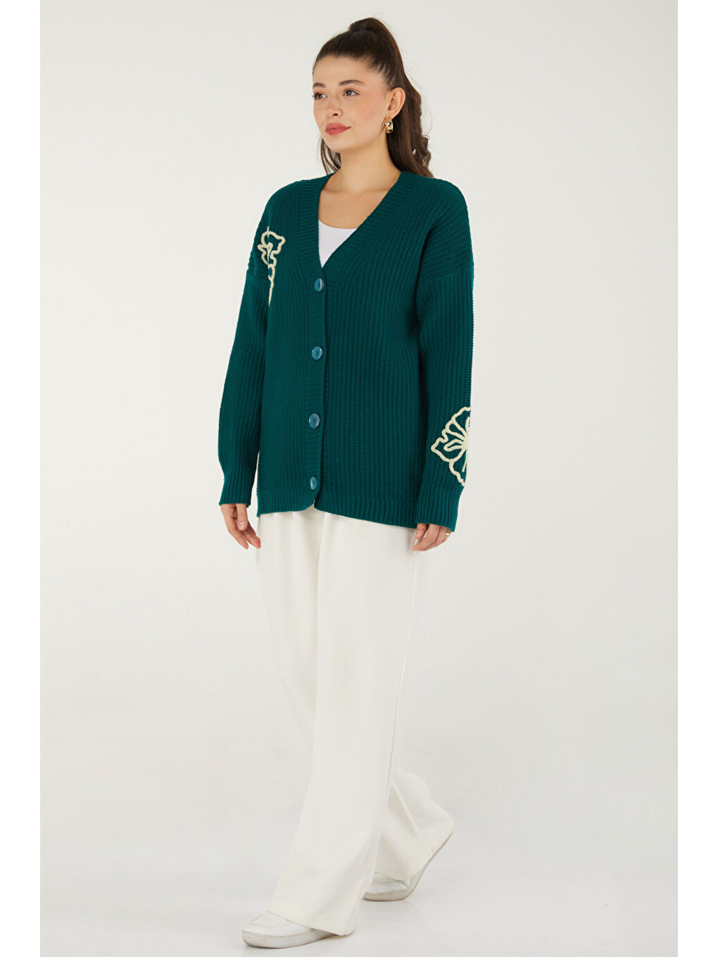 Yeşil Nakışlı Düğmeli Triko Hırka Zumrut - 27629-3