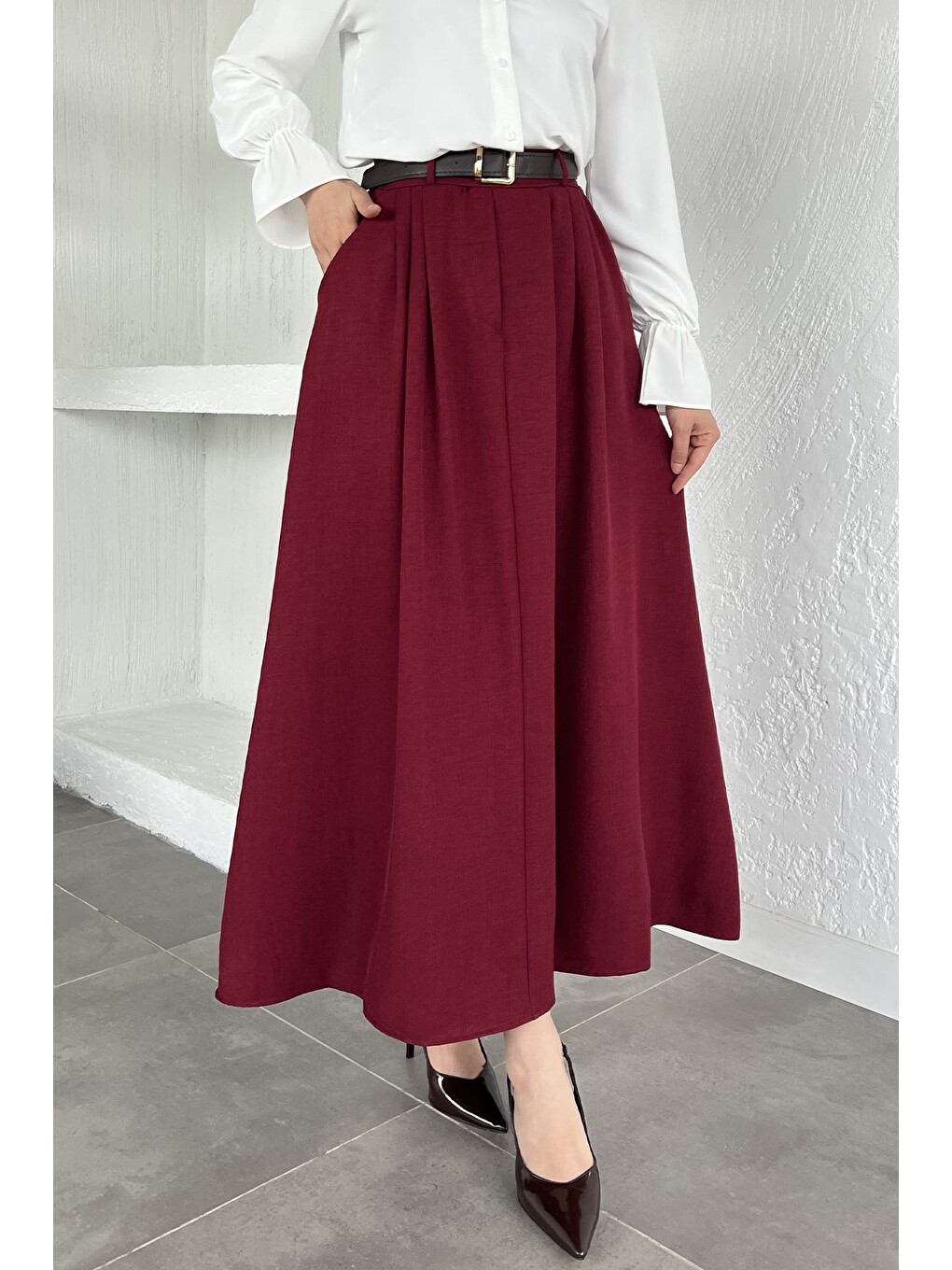 Bordo Kemerli Cepli Tesettür Etek-1