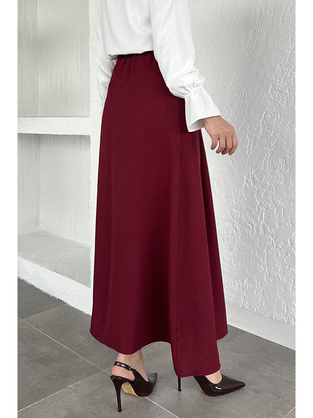 Bordo Kemerli Cepli Tesettür Etek-2