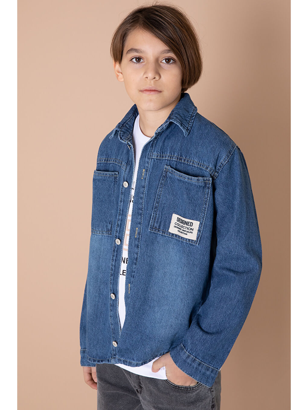 Erkek Çocuk Mavi Armalı Cepli Bisiklet Yaka Tişörtlü Jean Gömlek 20095-2