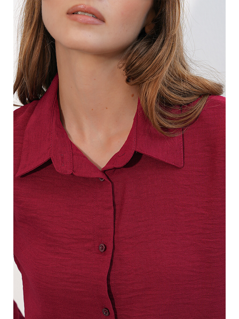 Kadın Oversize Keten Gömlek 20338 - Bordo-3
