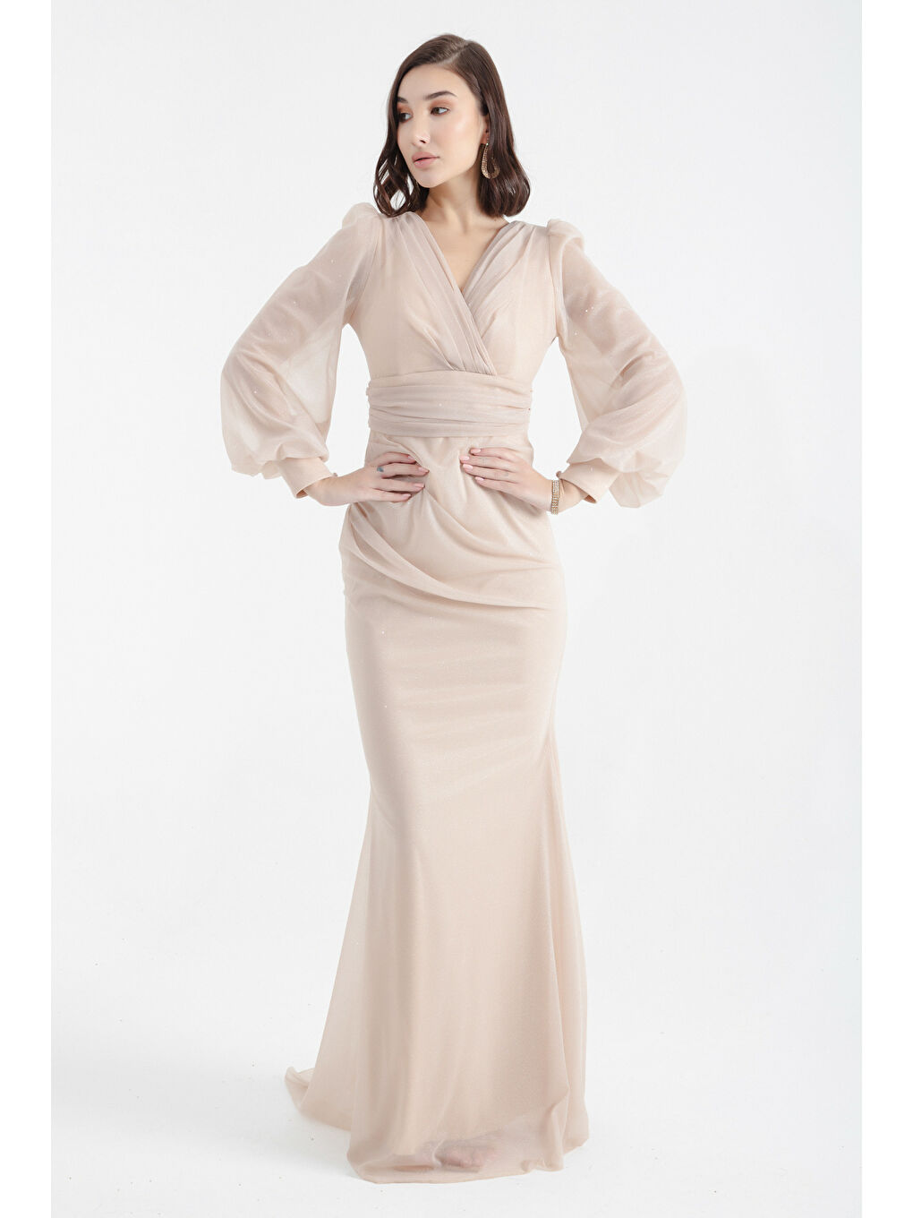 Kadın Bej Kruvaze Yaka Simli Uzun Abiye Elbise-1