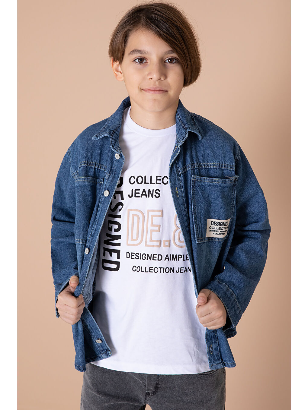 Erkek Çocuk Mavi Armalı Cepli Bisiklet Yaka Tişörtlü Jean Gömlek 20095-3