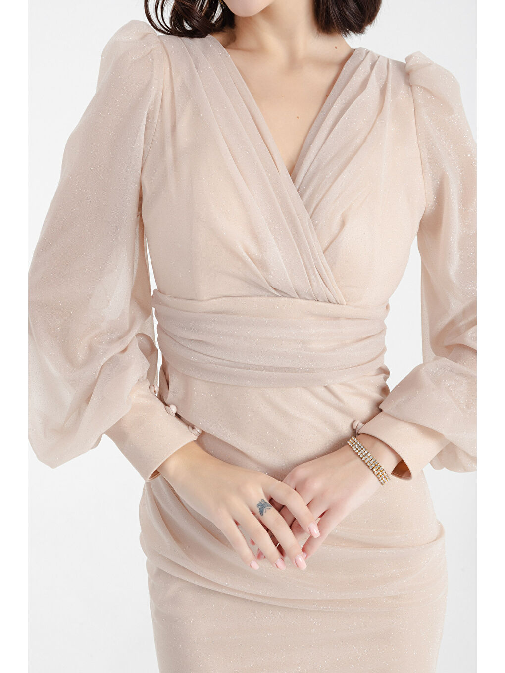 Kadın Bej Kruvaze Yaka Simli Uzun Abiye Elbise-2