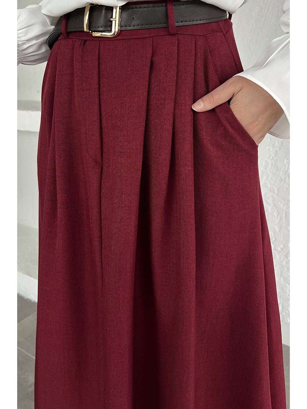 Bordo Kemerli Cepli Tesettür Etek-3