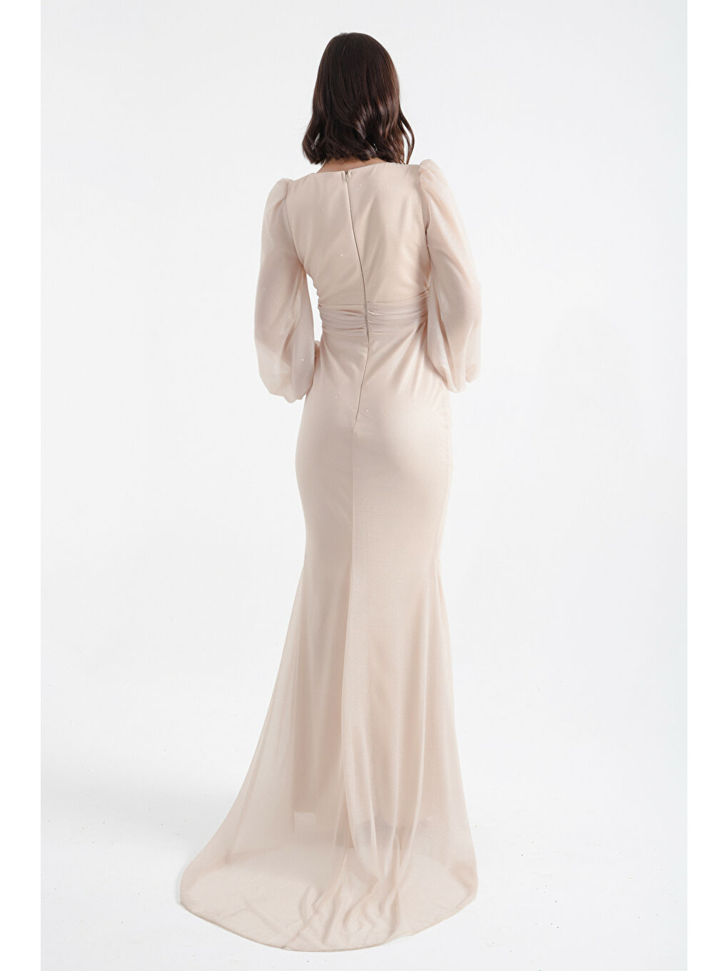 Kadın Bej Kruvaze Yaka Simli Uzun Abiye Elbise-4