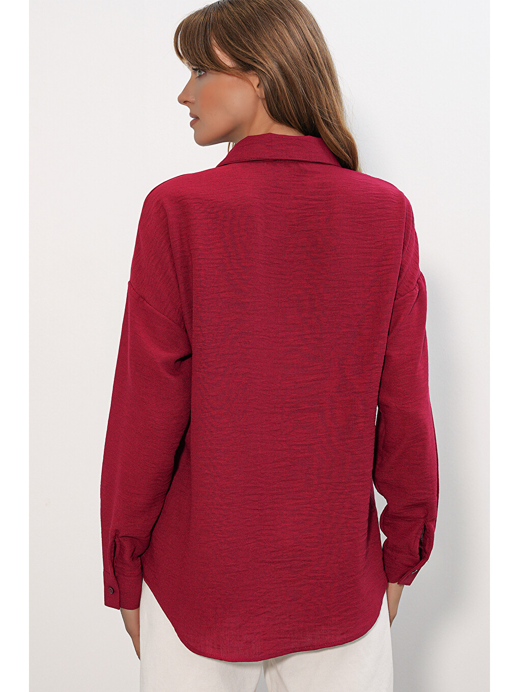 Kadın Oversize Keten Gömlek 20338 - Bordo-4