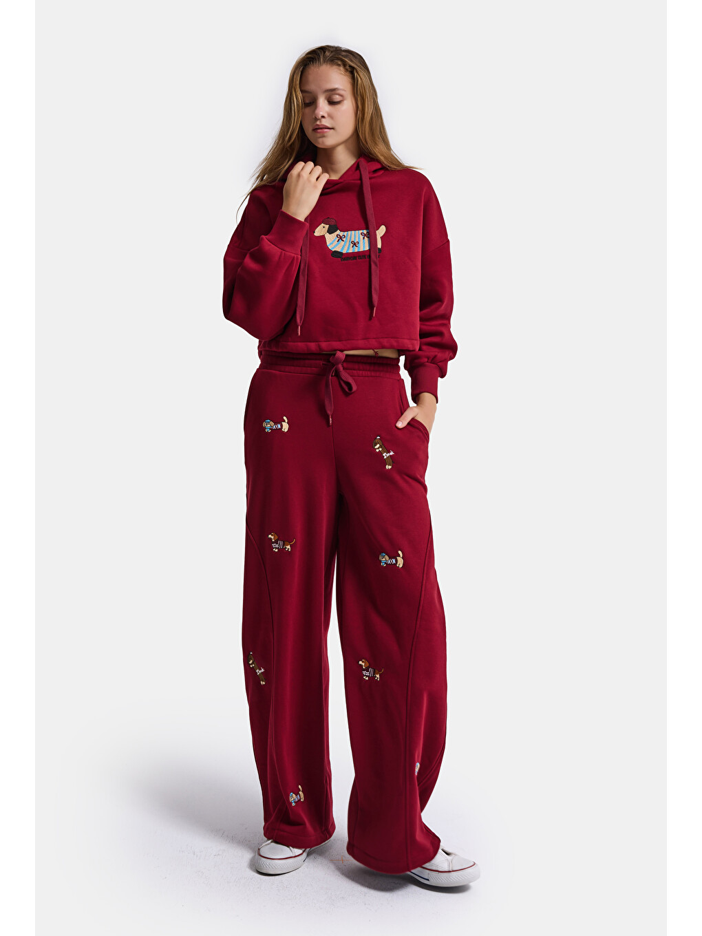 Kadın Bordo W6-35 Sweatshirt Eşofman Pantolon 2'li Nakış Figürlü Tasarım Takım-4