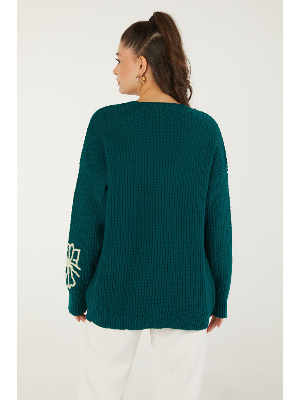 Yeşil Nakışlı Düğmeli Triko Hırka Zumrut - 27629-4