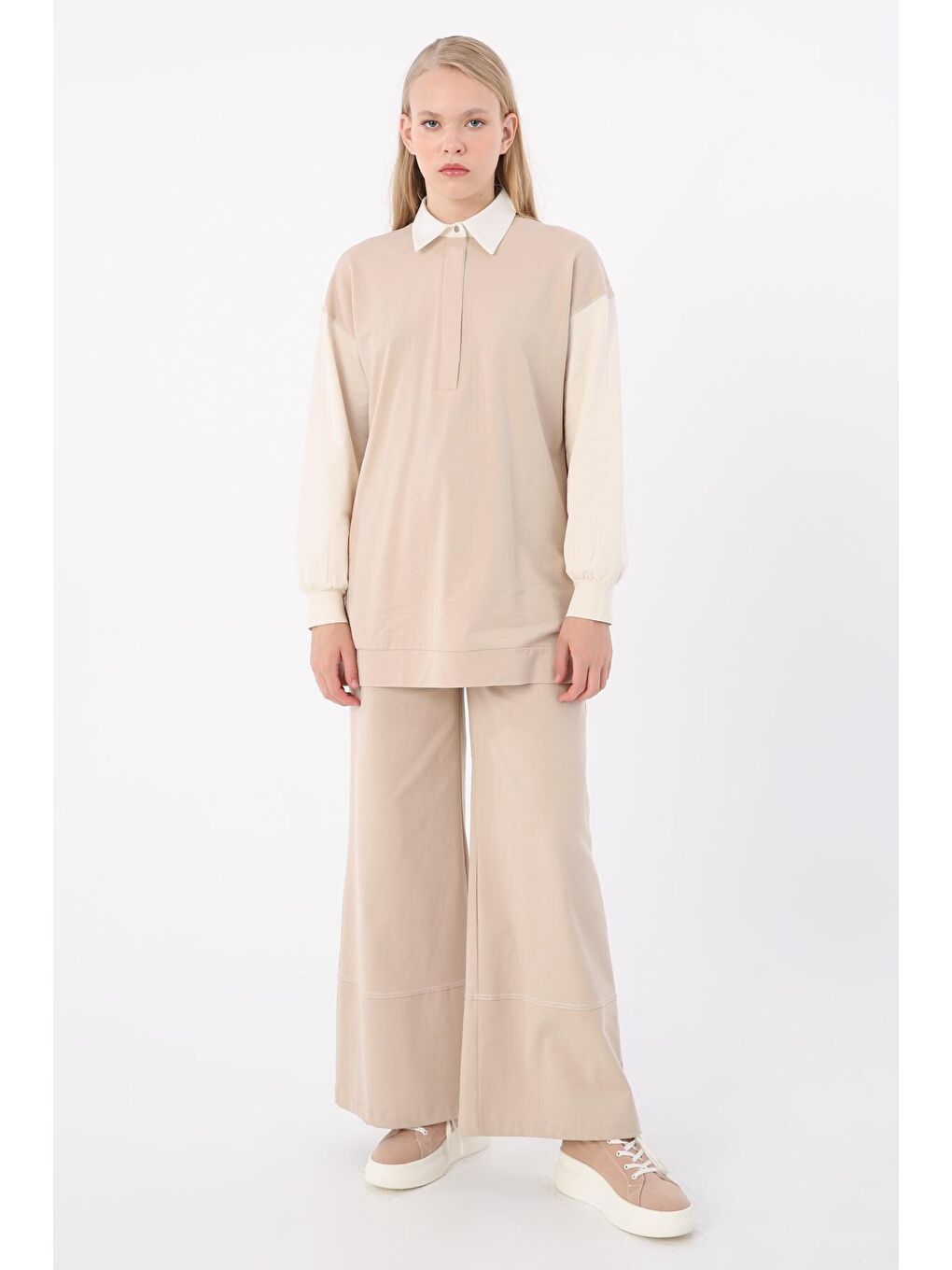 Bej-Kahve Pamuklu Garnili İnce Karyoka Dikişli Tunik-1