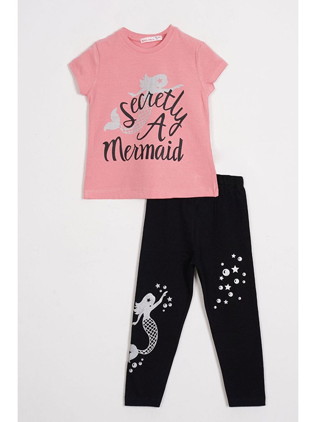 Pembe Kısa Kol Yazı Baskılı Pudra Renk Kız Çocuk Taytlı Takım