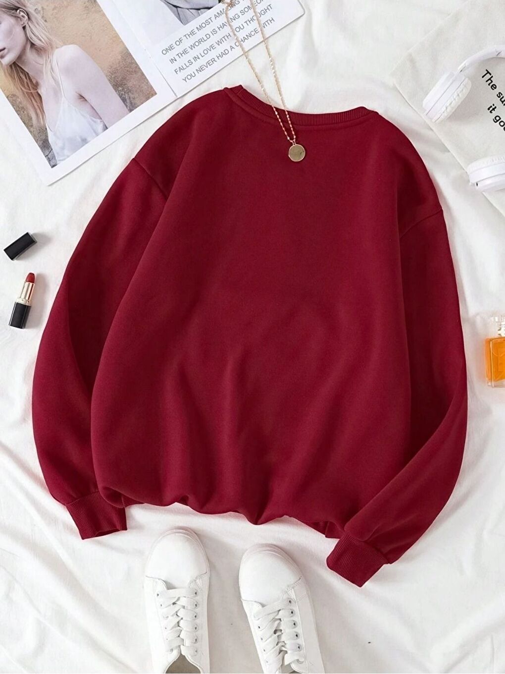 Kadın Bordo Utangaç Ayıcık Baskılı Bisiklet Yaka Sweatshirt-1