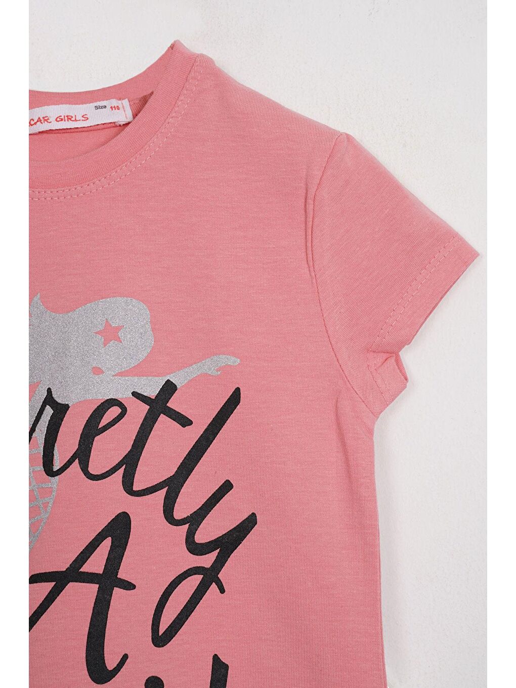 Pembe Kısa Kol Yazı Baskılı Pudra Renk Kız Çocuk Taytlı Takım-1