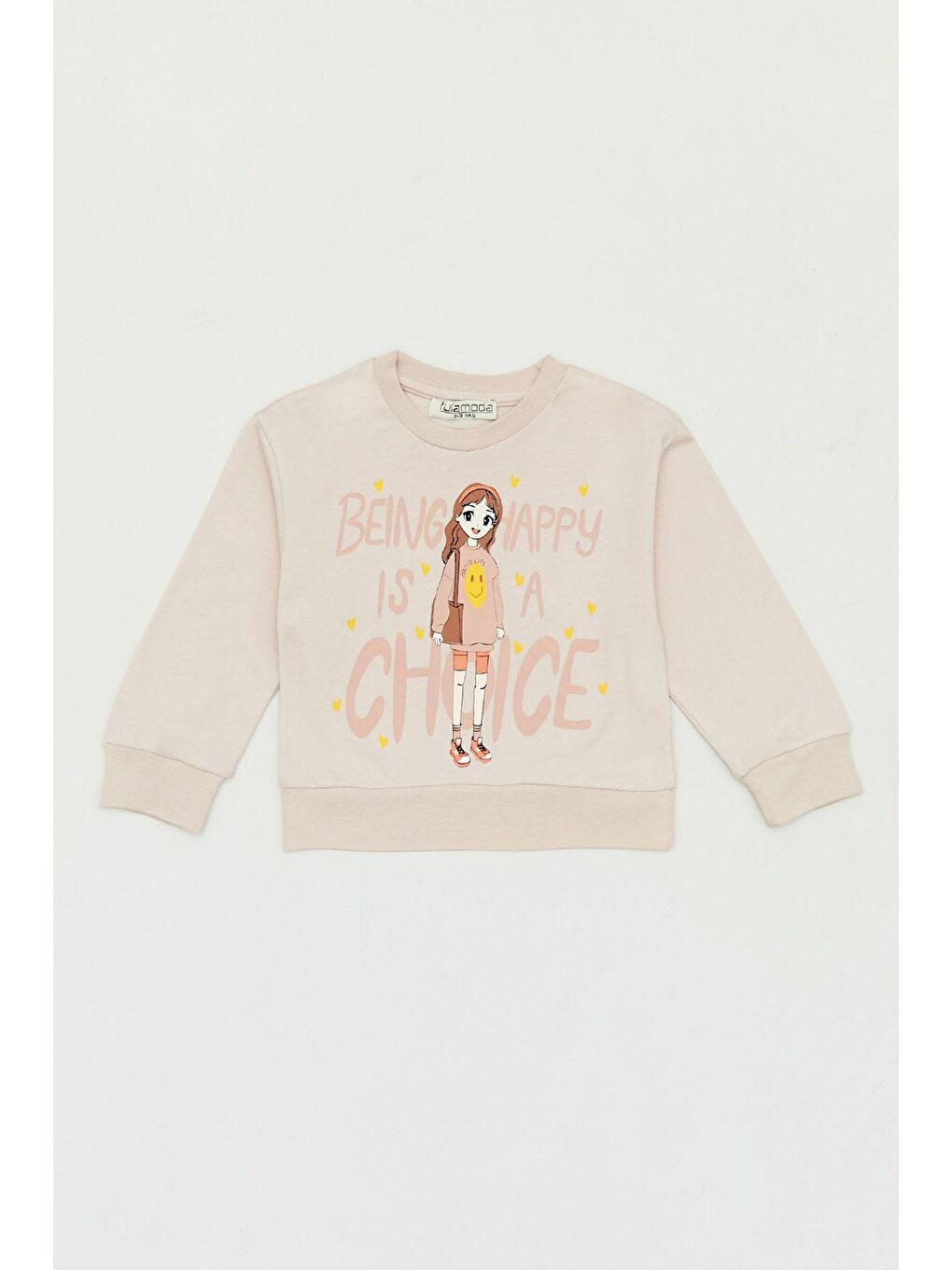 Bej Baskılı Bisiklet Yaka Kız Çocuk Sweatshirt