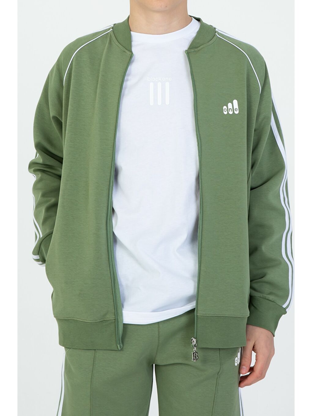 Haki Kol Şerit Detaylı Fermuarlı Cift Cepli 3'Lü Eşofman Takım-2